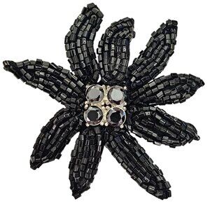 Kenneth Cole Black Glass Tube Seed Bead Rhinestone Flower Brooch, Signed L825